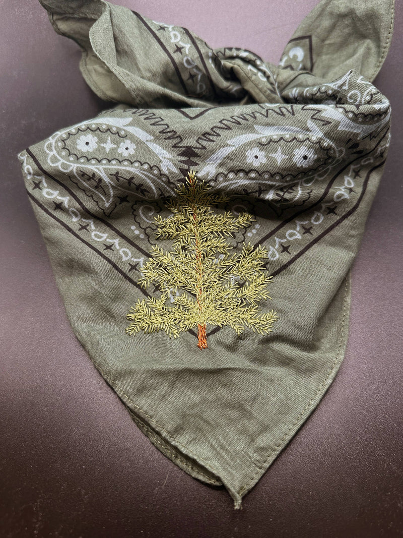 Green bandana with embroidered pine tree